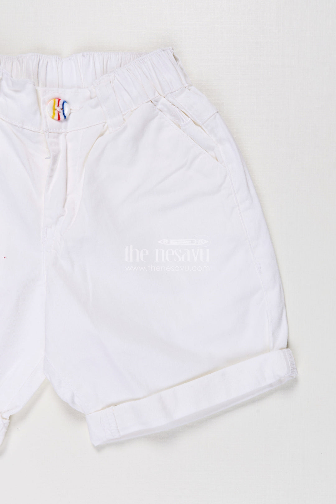 Childrens Shorts for Boys in Off White Cotton with Turned Hems and Elastic Waist Fit