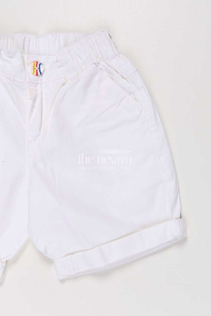 Childrens Shorts for Boys in Off White Cotton with Turned Hems and Elastic Waist Fit
