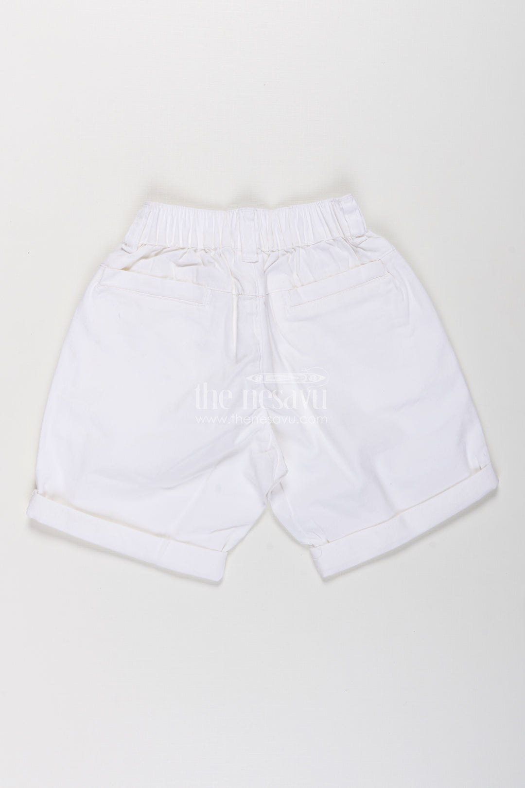 Childrens Shorts for Boys in Off White Cotton with Turned Hems and Elastic Waist Fit