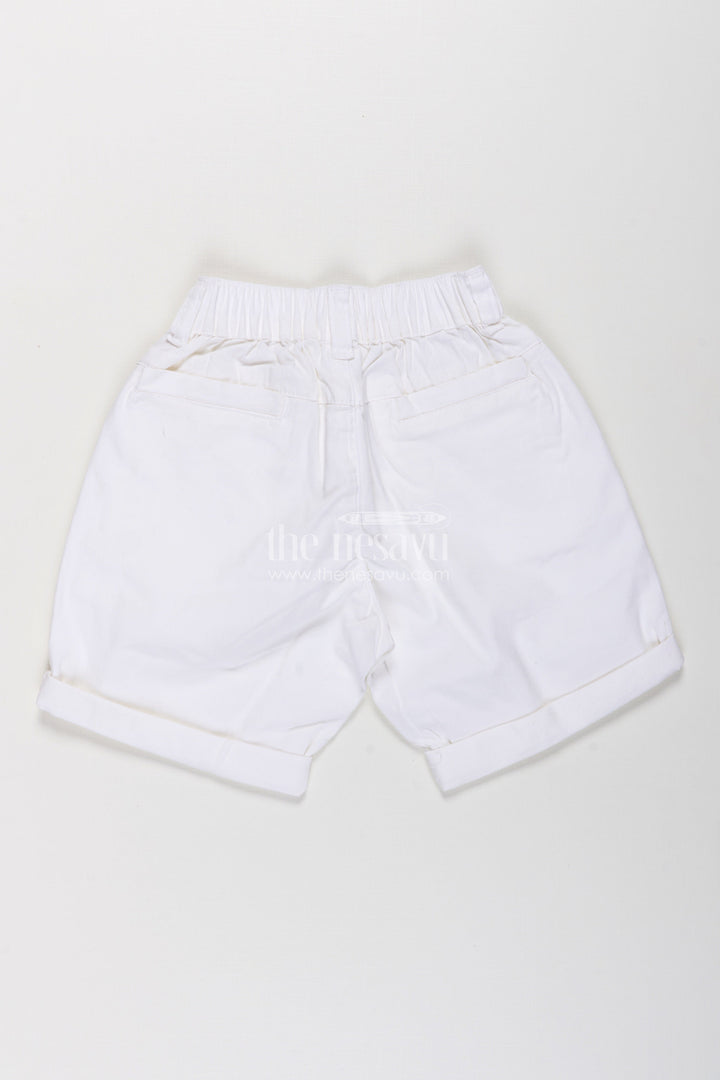 Childrens Shorts for Boys in Off White Cotton with Turned Hems and Elastic Waist Fit