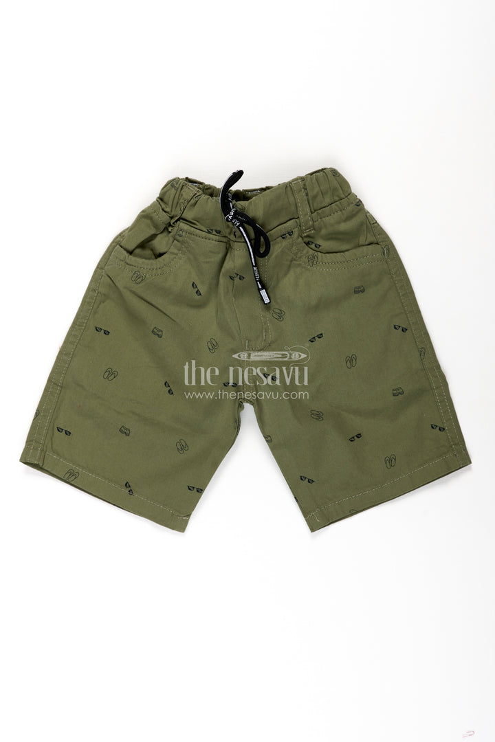 Boys Olive Green Cotton casual shorts with All Over Digital Print and Front Pockets