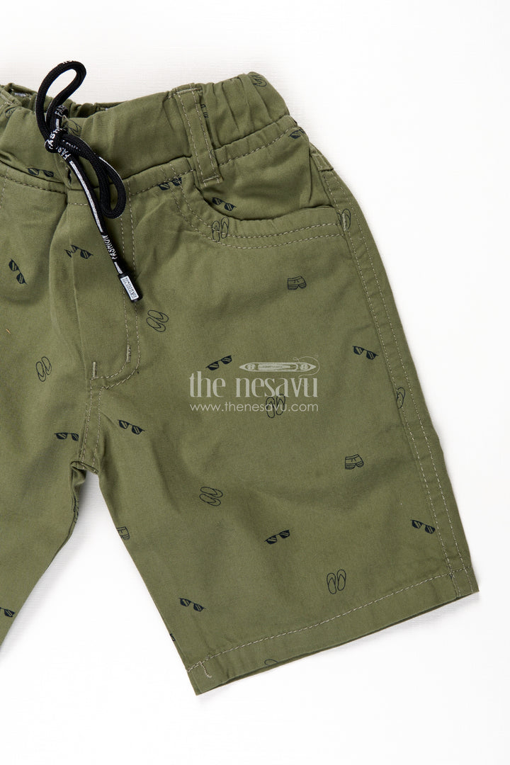 Boys Olive Green Cotton casual shorts with All Over Digital Print and Front Pockets