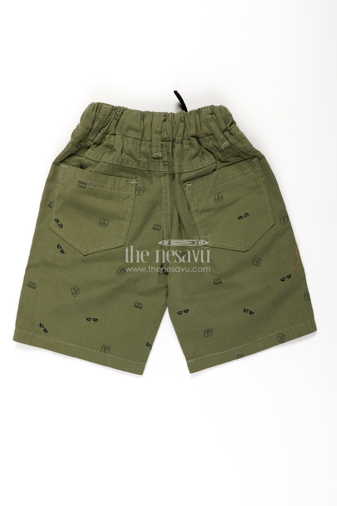 Boys Olive Green Cotton casual shorts with All Over Digital Print and Front Pockets
