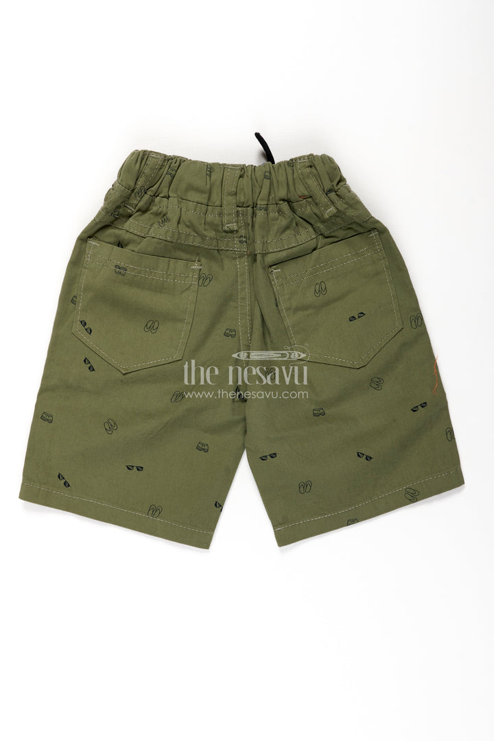 Boys Olive Green Cotton casual shorts with All Over Digital Print and Front Pockets