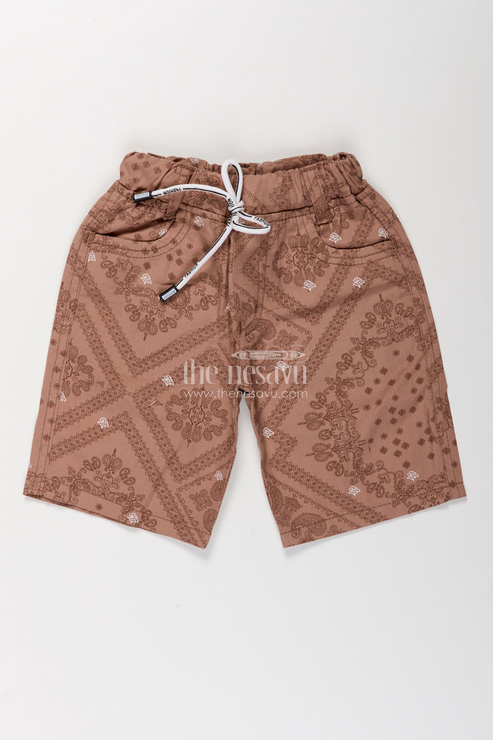 Boys Cotton peach shorts with Paisley Digital Print and Flexible Drawstring Fit for Active Days