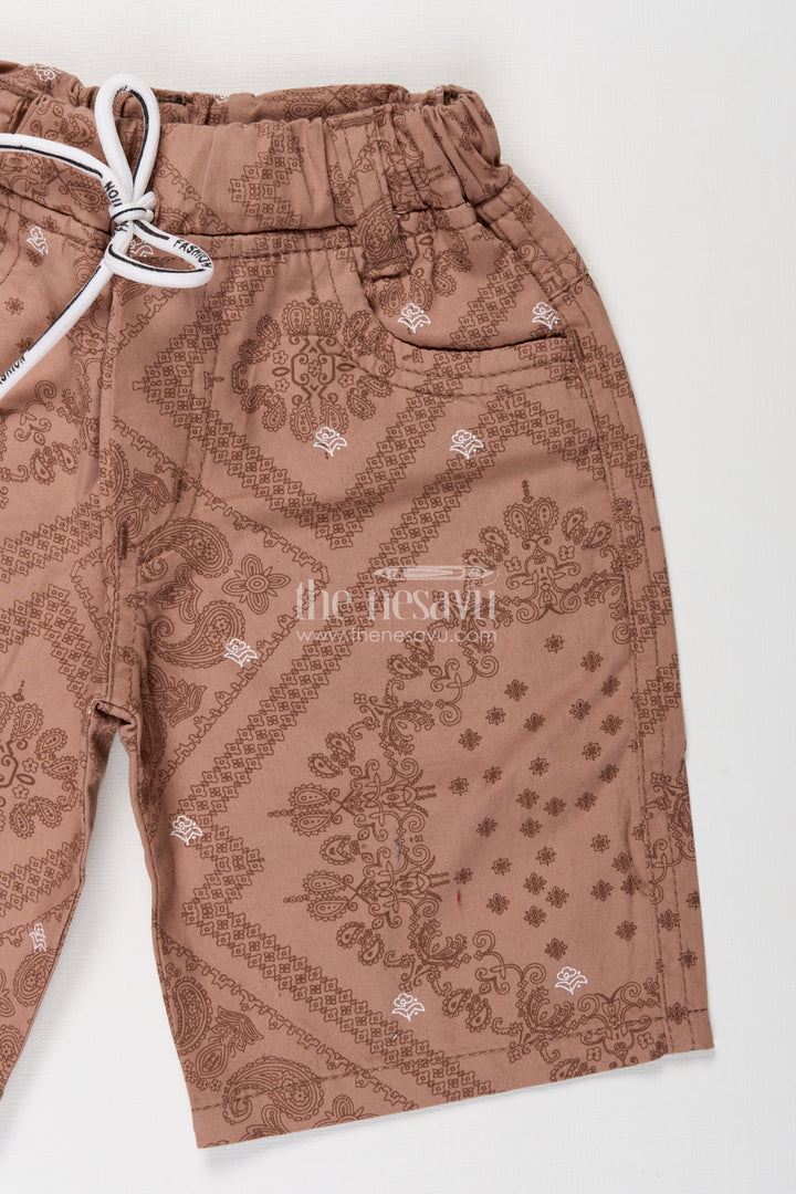 Boys Cotton peach shorts with Paisley Digital Print and Flexible Drawstring Fit for Active Days