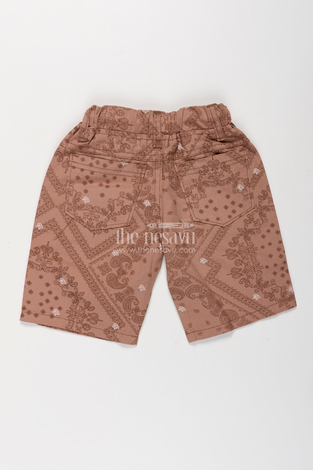 Boys Cotton peach shorts with Paisley Digital Print and Flexible Drawstring Fit for Active Days