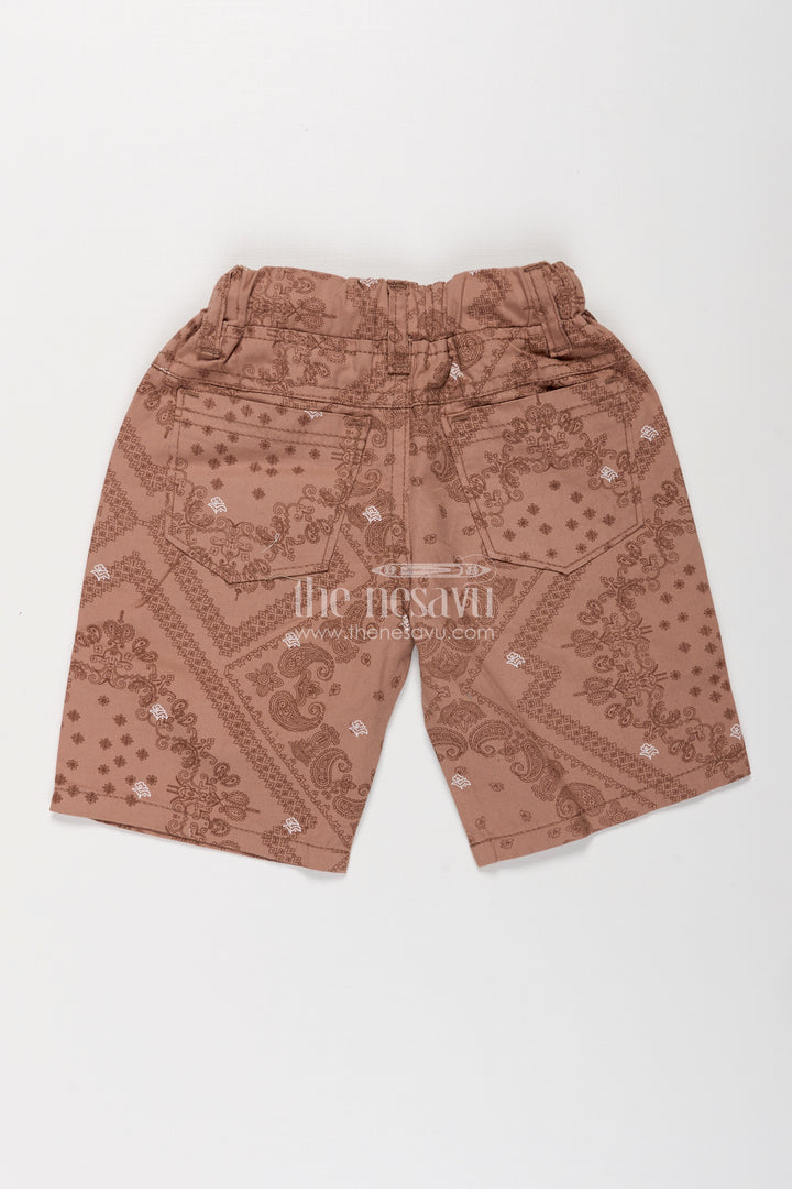 Boys Cotton peach shorts with Paisley Digital Print and Flexible Drawstring Fit for Active Days