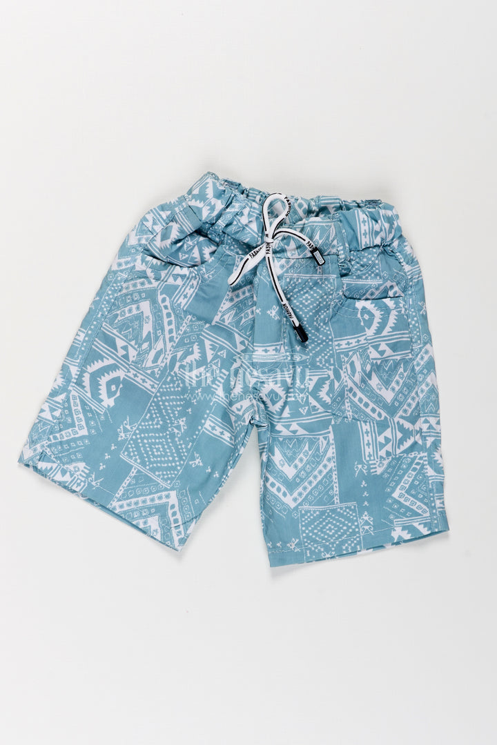 Boys Cotton print shorts with Blue Paisley Digital Design and Soft Adjustable Waist