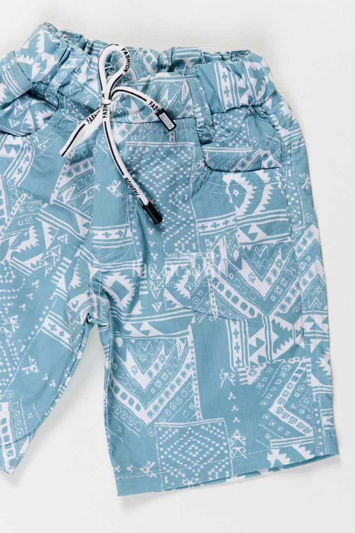 Boys Cotton print shorts with Blue Paisley Digital Design and Soft Adjustable Waist