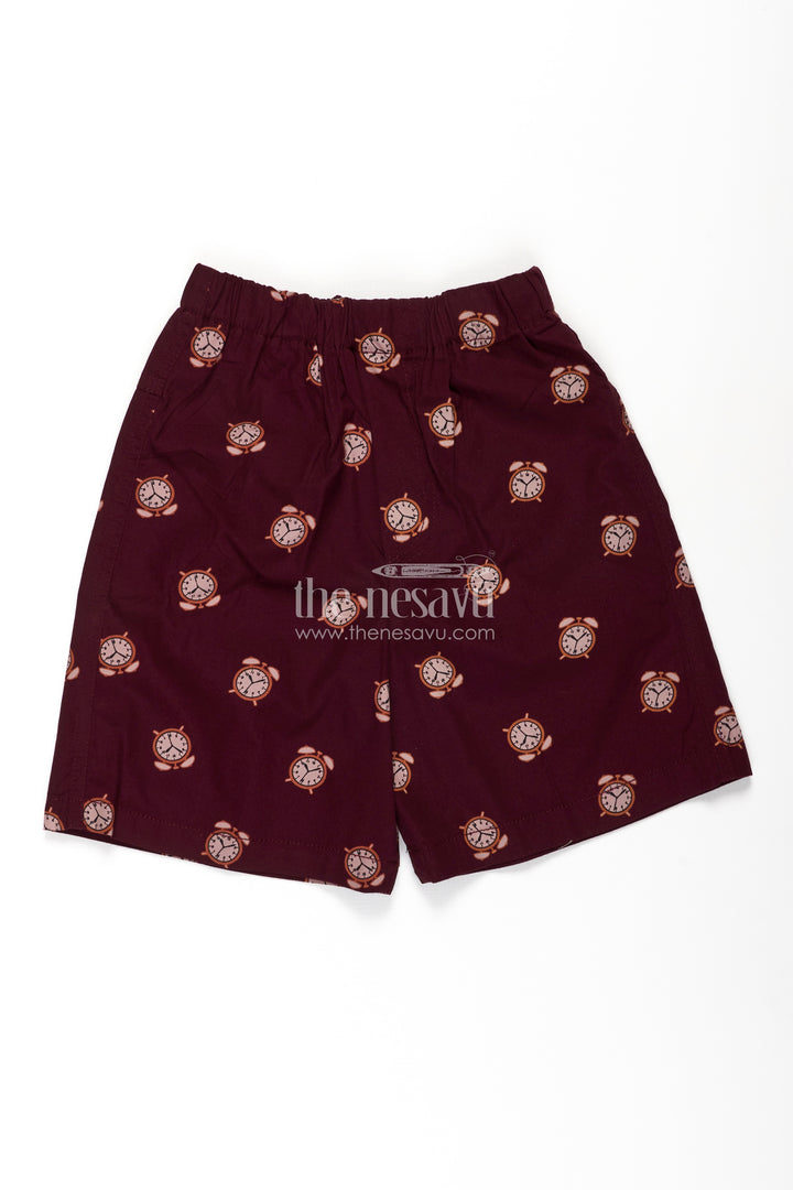 Boys Cotton bicycle shorts in Maroon with Alarm Clock Prints and Easy Fit Waistband