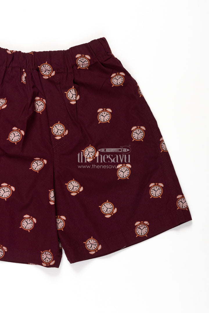 Boys Cotton bicycle shorts in Maroon with Alarm Clock Prints and Easy Fit Waistband