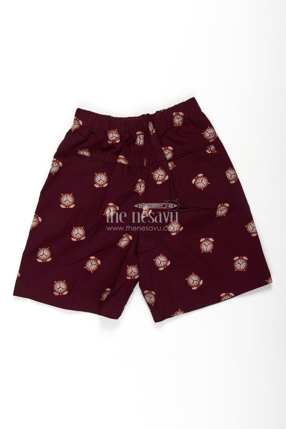 Boys Cotton bicycle shorts in Maroon with Alarm Clock Prints and Easy Fit Waistband