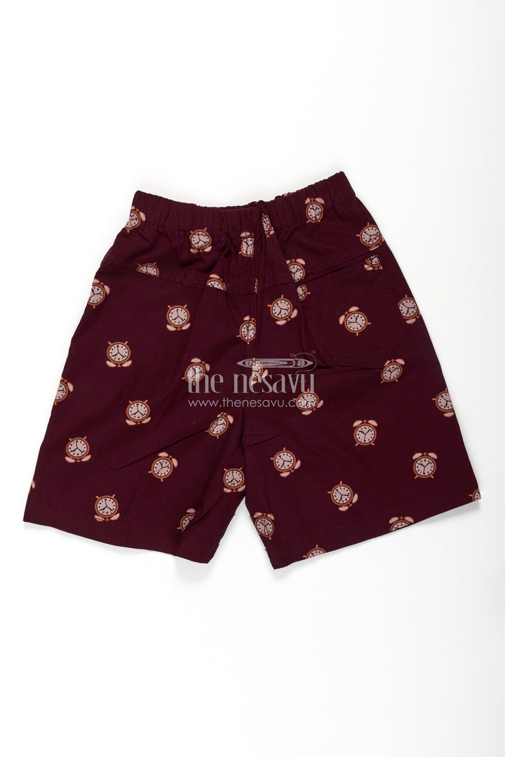 Boys Cotton bicycle shorts in Maroon with Alarm Clock Prints and Easy Fit Waistband