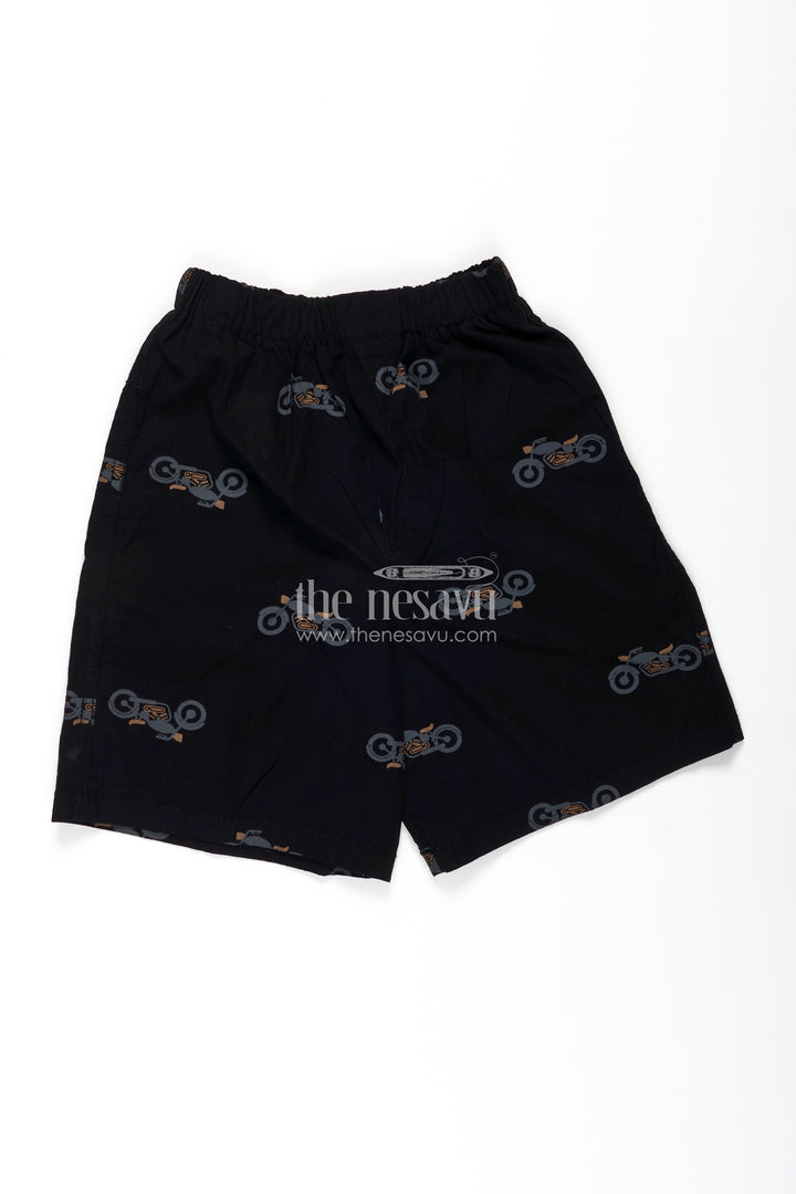 Boys Cotton black shorts with Motorbike Print and Soft Stretch Waistband for Daily Comfort
