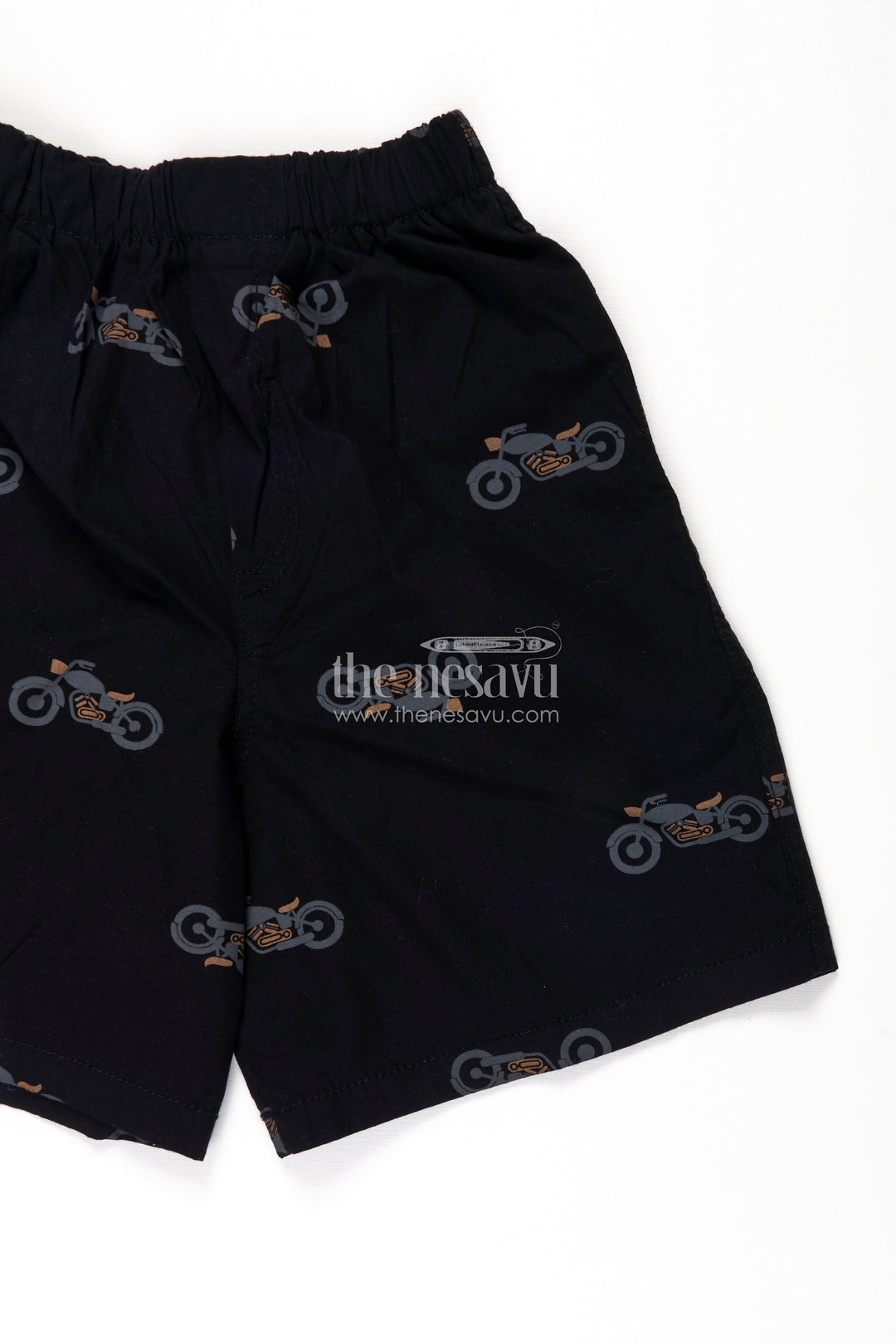 Boys Cotton black shorts with Motorbike Print and Soft Stretch Waistband for Daily Comfort
