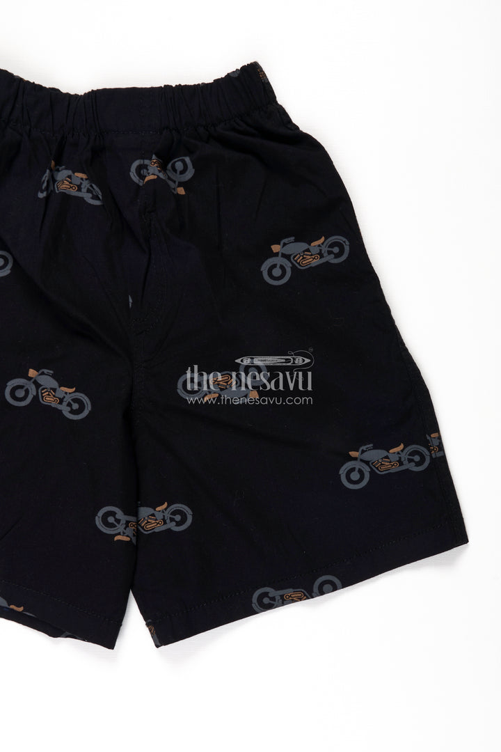 Boys Cotton black shorts with Motorbike Print and Soft Stretch Waistband for Daily Comfort