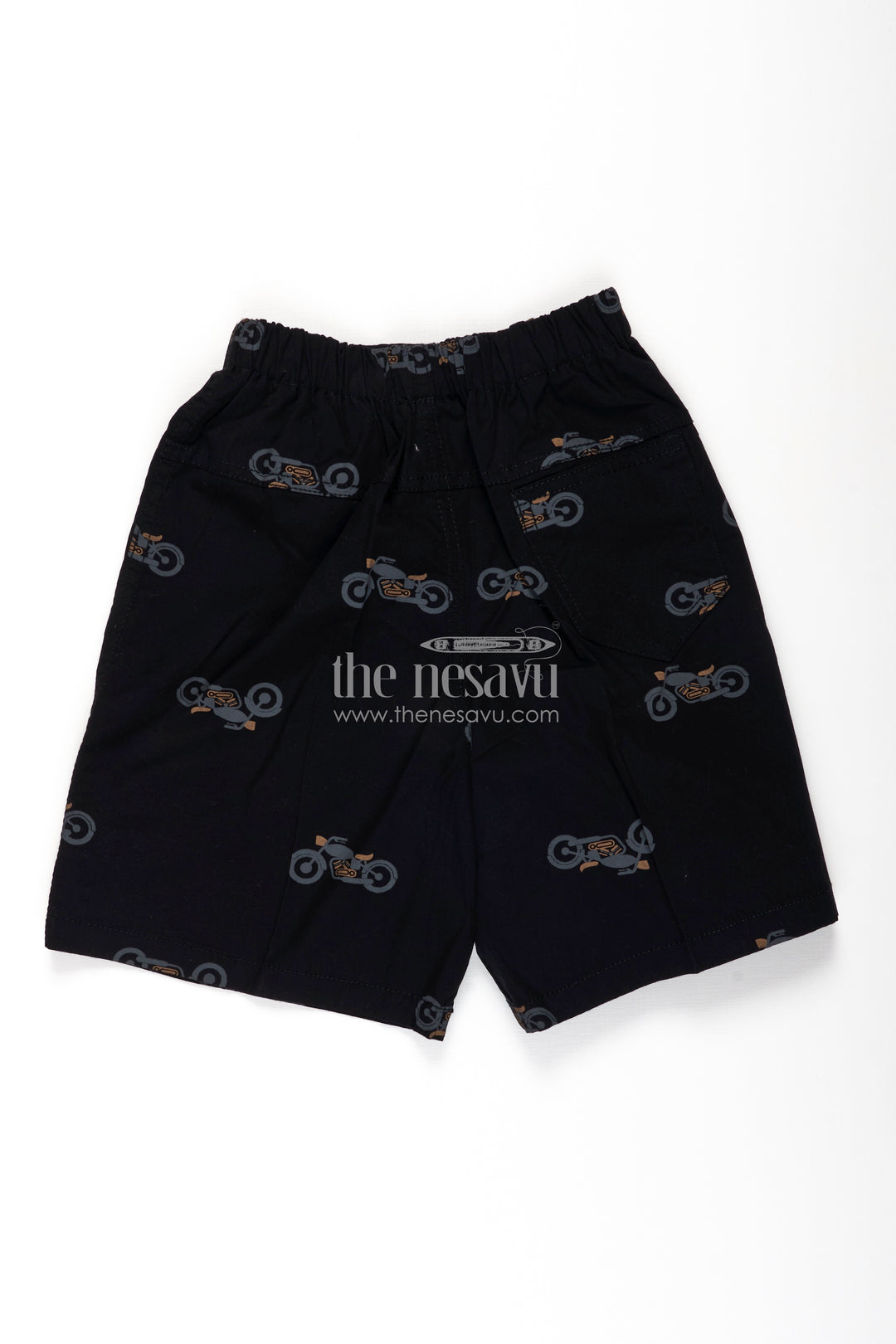 Boys Cotton black shorts with Motorbike Print and Soft Stretch Waistband for Daily Comfort