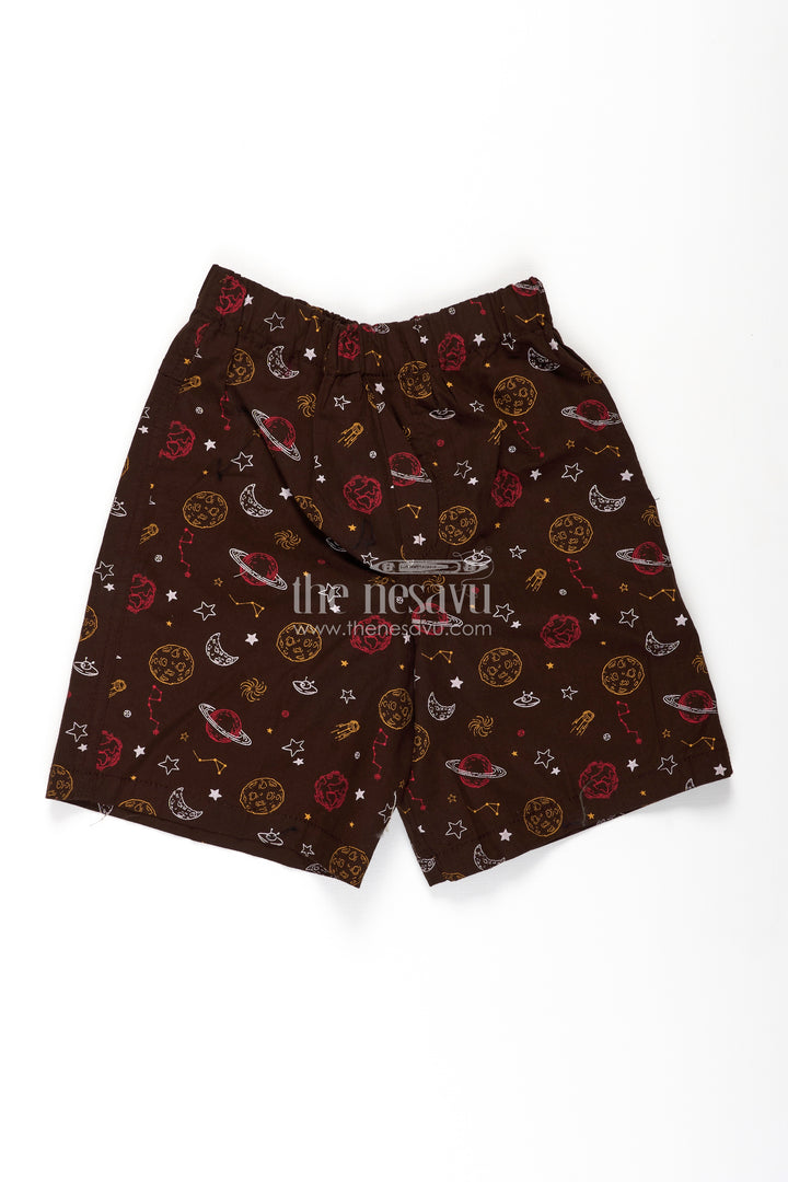 Boys Cotton football shorts in Brown with Outer Space Print and Soft Comfortable Fit