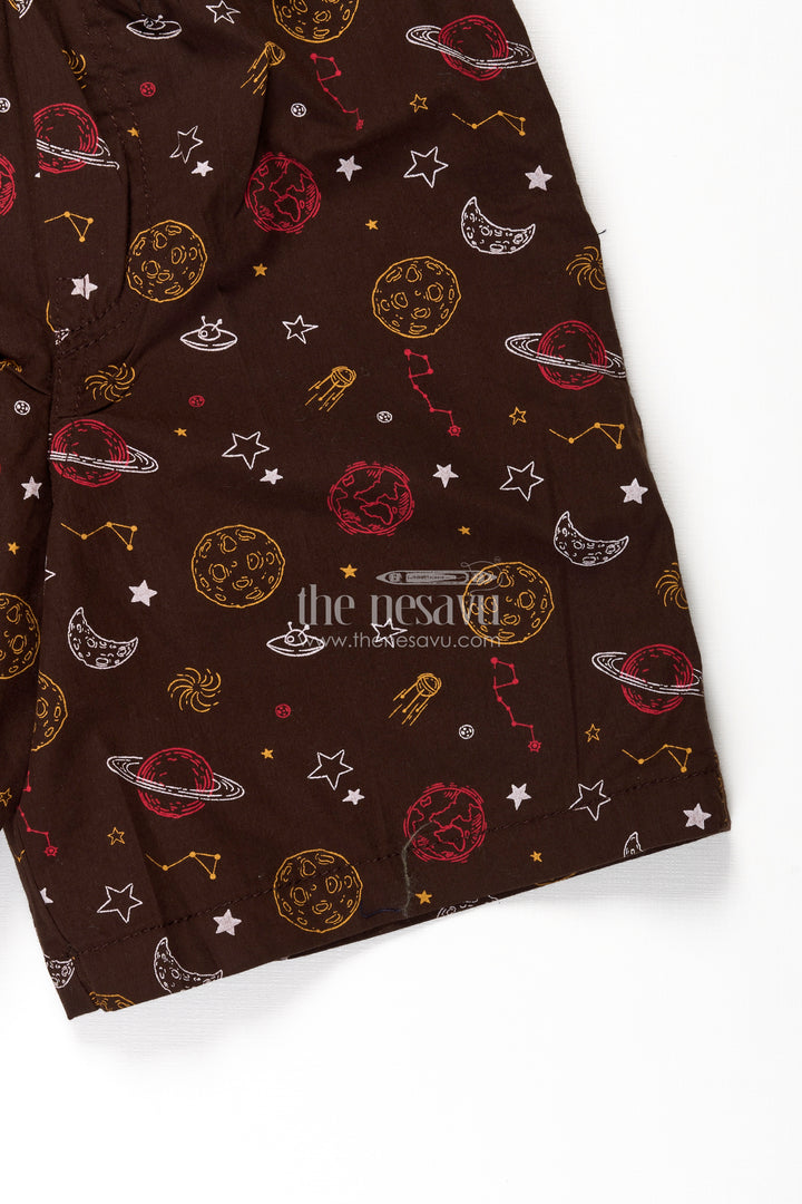 Boys Cotton football shorts in Brown with Outer Space Print and Soft Comfortable Fit