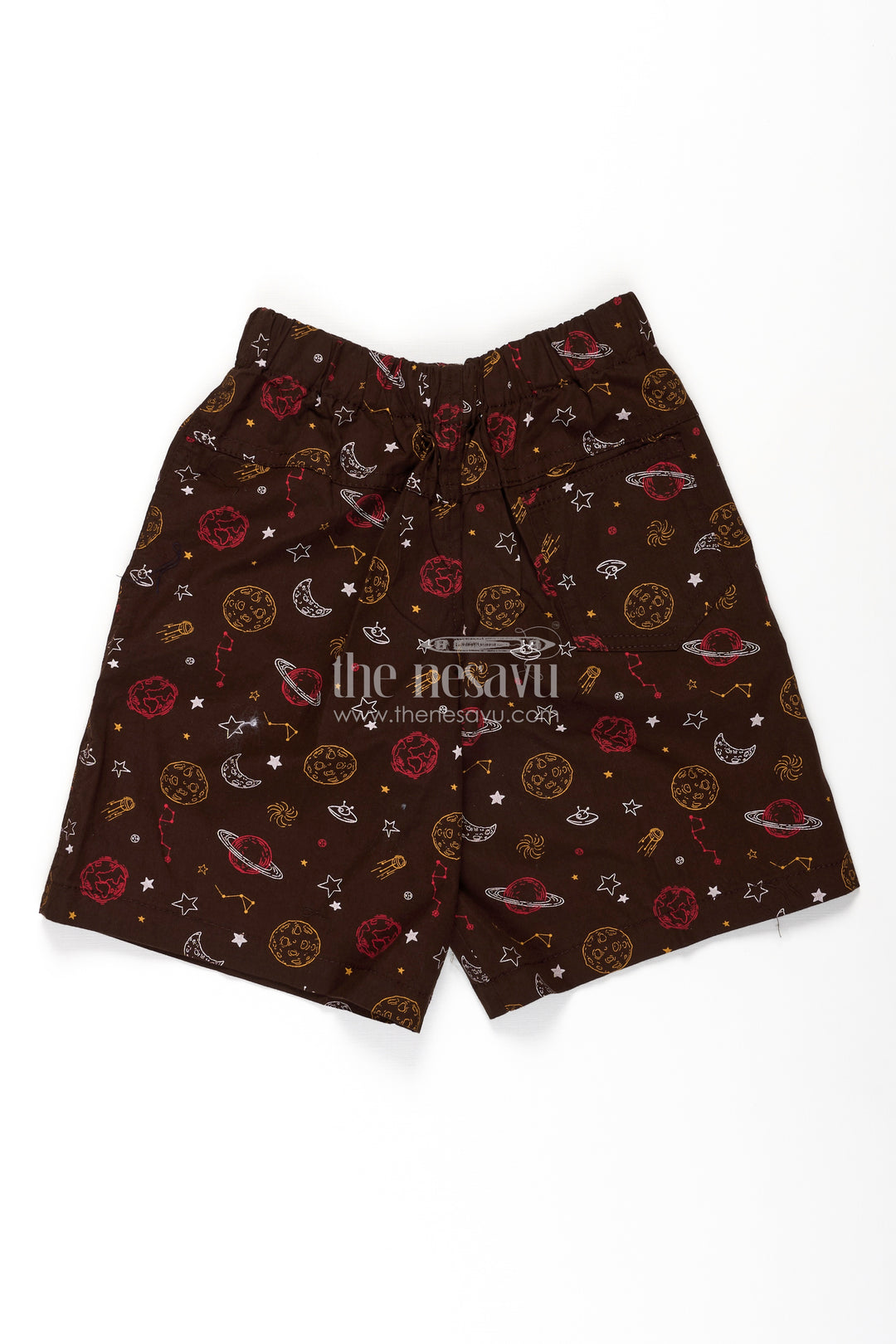 Boys Cotton football shorts in Brown with Outer Space Print and Soft Comfortable Fit