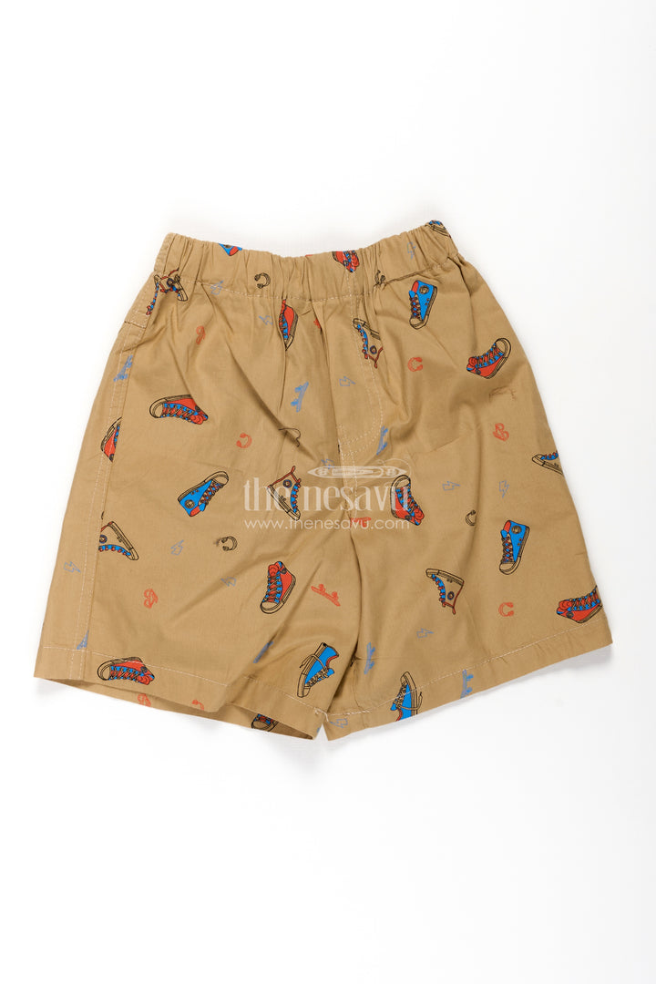 Boys Cotton shorts for infants in Beige with Fun Sneaker Digital Print and Soft Elastic Waist