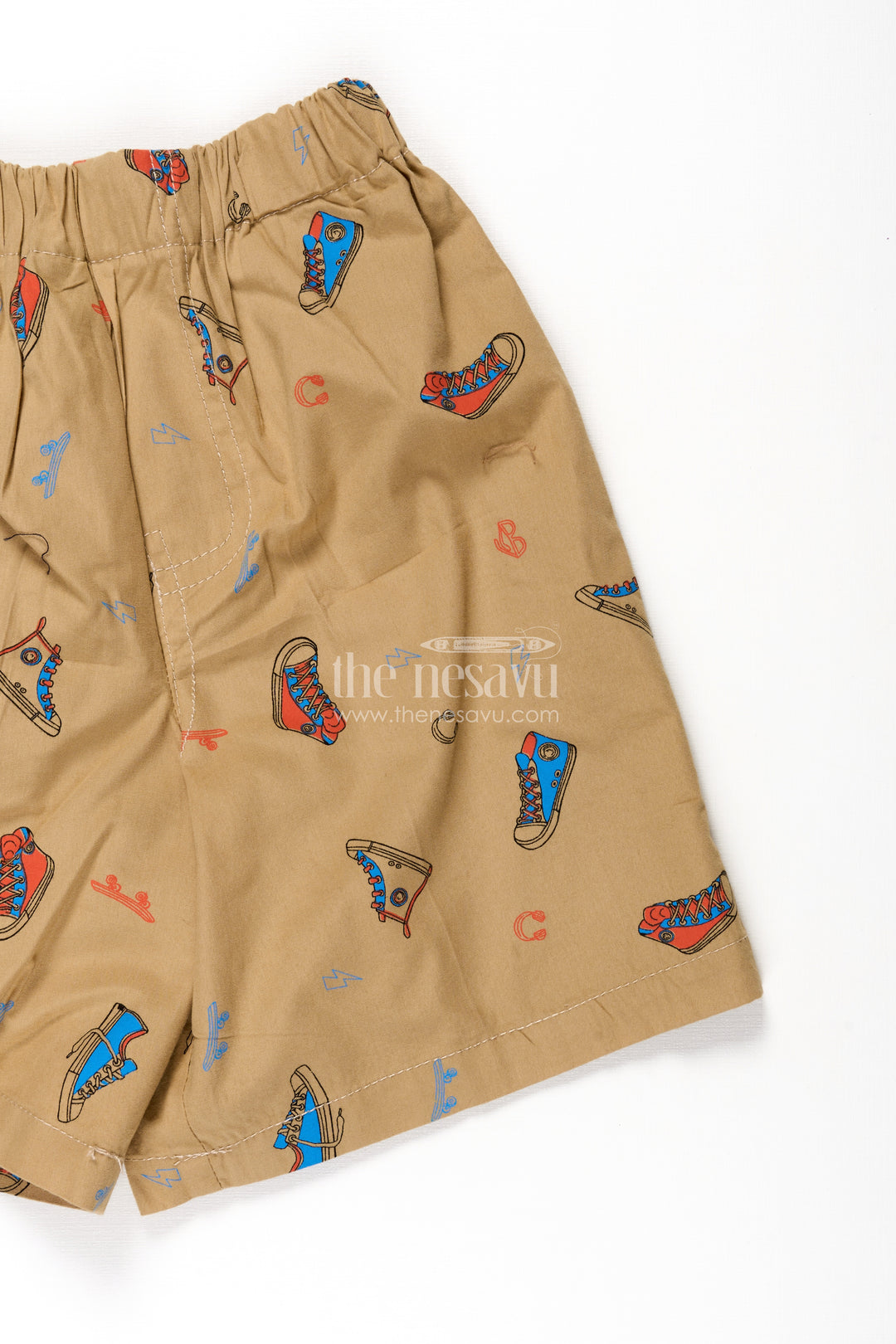 Boys Cotton shorts for infants in Beige with Fun Sneaker Digital Print and Soft Elastic Waist