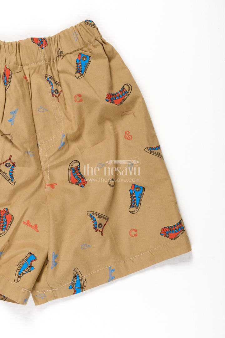 Boys Cotton shorts for infants in Beige with Fun Sneaker Digital Print and Soft Elastic Waist