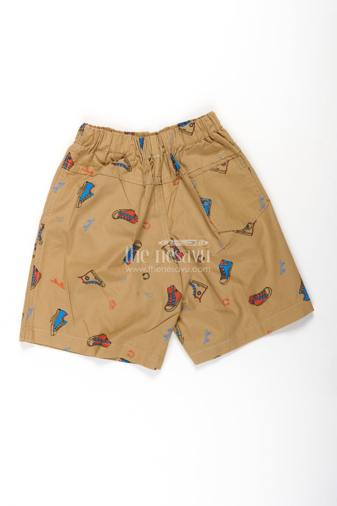 Boys Cotton shorts for infants in Beige with Fun Sneaker Digital Print and Soft Elastic Waist
