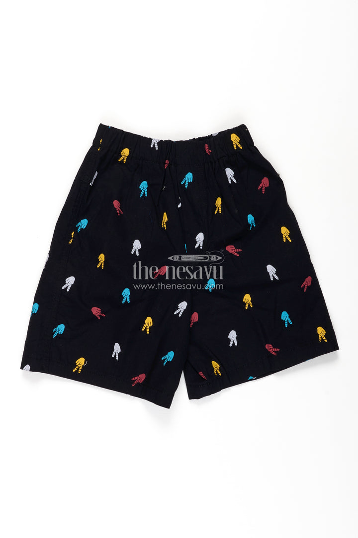 Boys Cotton short and shorts in Navy Blue with Multi-Colored Hand Prints and Soft Fit Waist