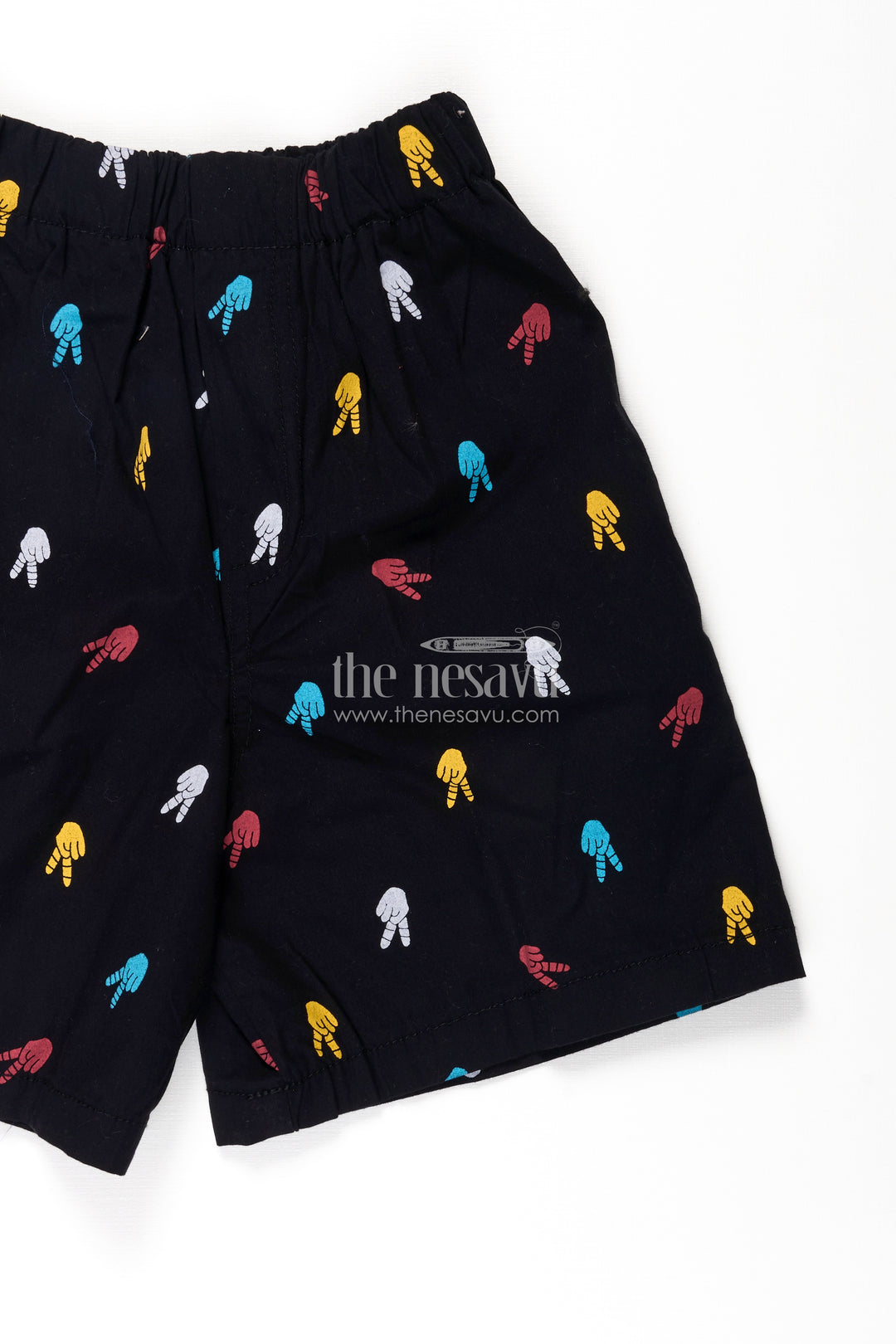 Boys Cotton short and shorts in Navy Blue with Multi-Colored Hand Prints and Soft Fit Waist