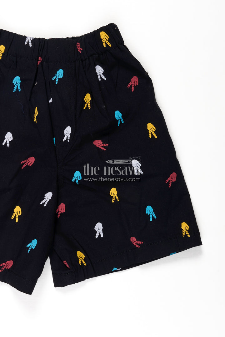 Boys Cotton short and shorts in Navy Blue with Multi-Colored Hand Prints and Soft Fit Waist