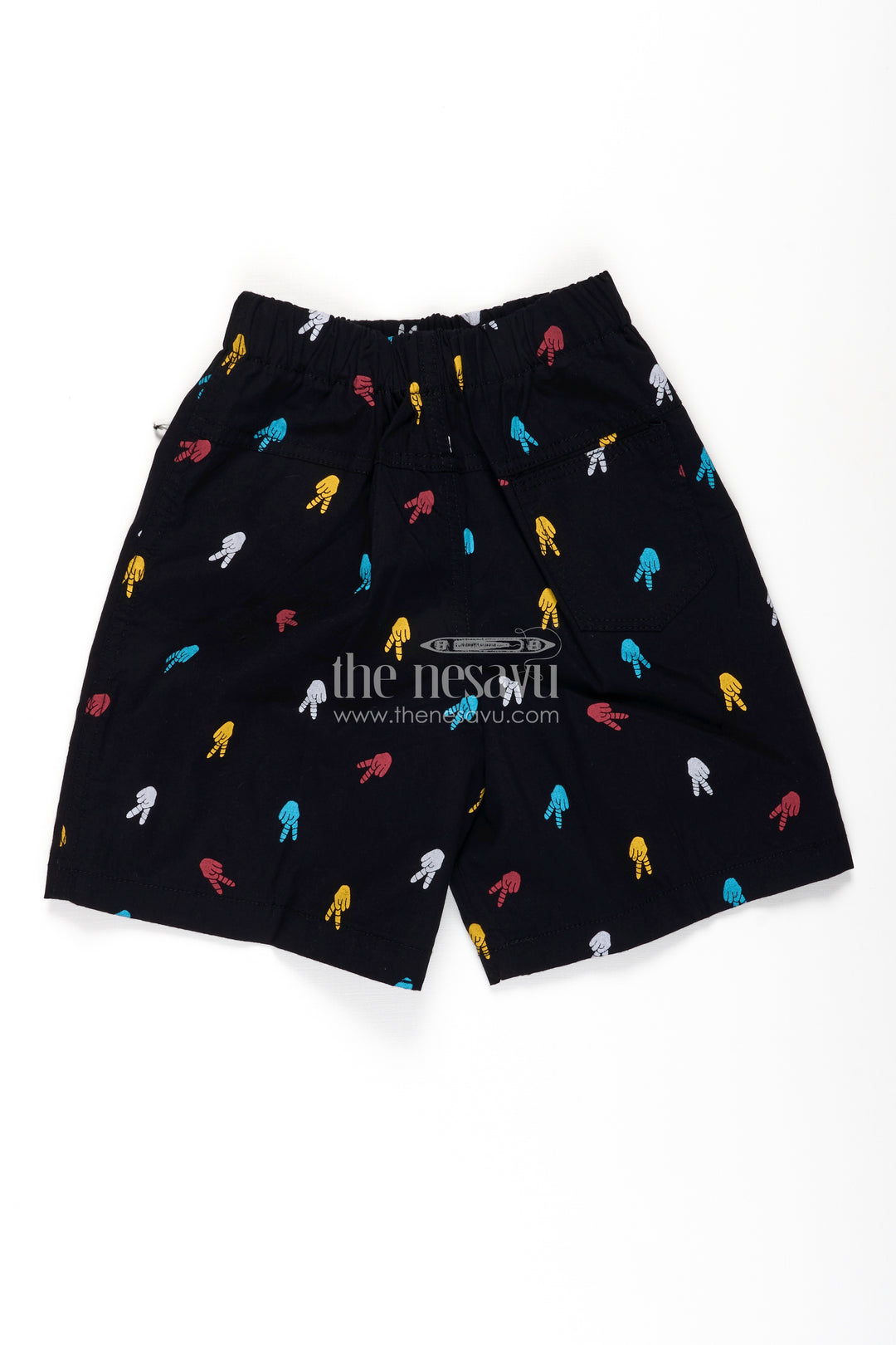 Boys Cotton short and shorts in Navy Blue with Multi-Colored Hand Prints and Soft Fit Waist
