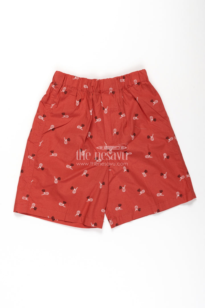 Boys Cotton elastic shorts in Red with Badminton Shuttle Print and Soft Comfortable Waistband
