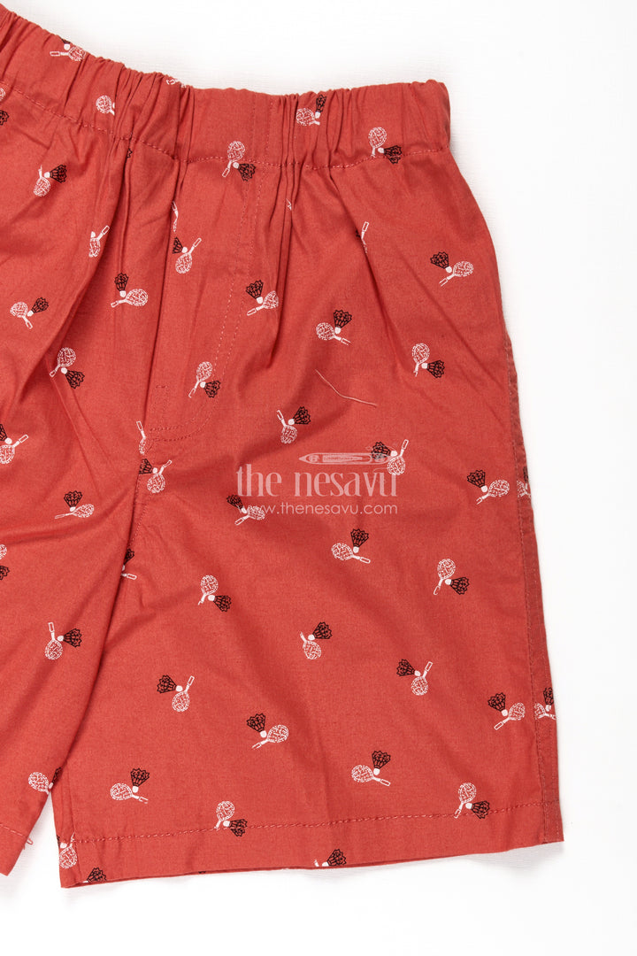 Boys Cotton elastic shorts in Red with Badminton Shuttle Print and Soft Comfortable Waistband