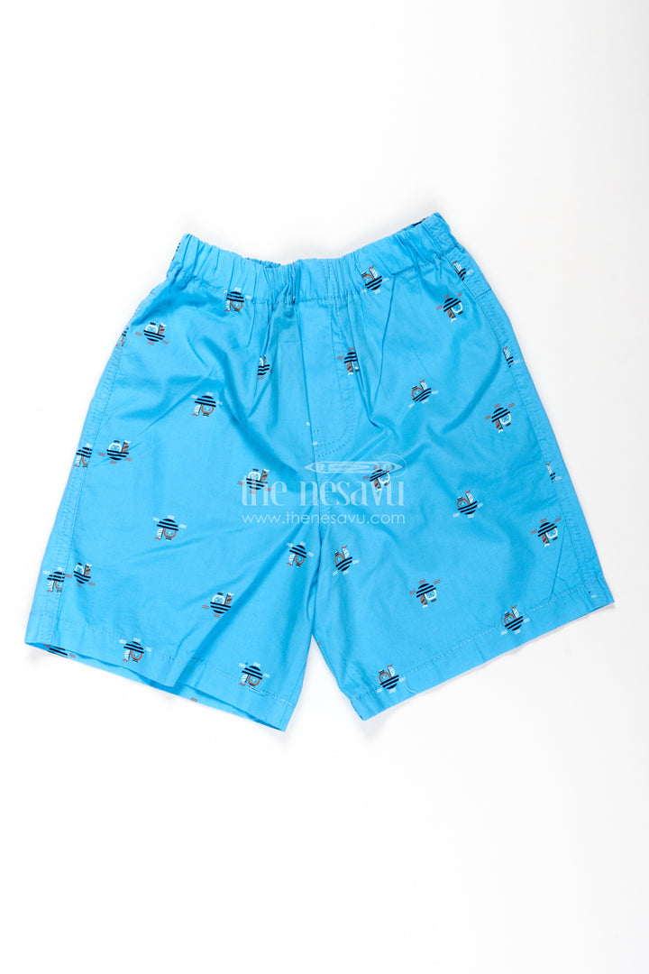 Boys Cotton light blue shorts with Mini Robot Print and Soft Fit for Casual Everyday Style