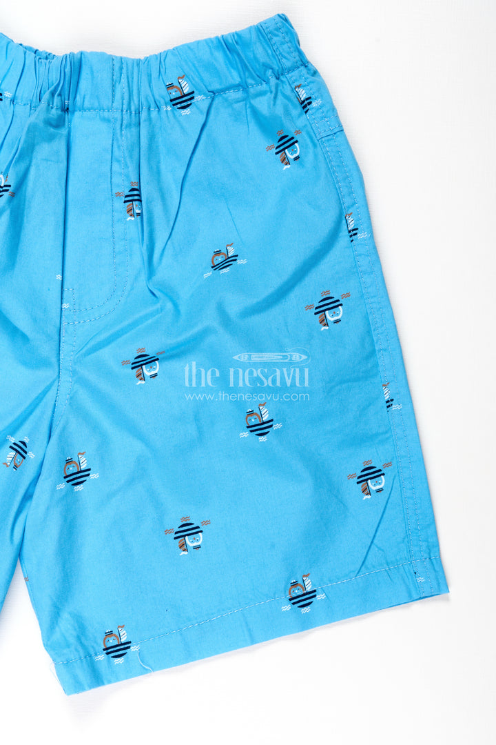 Boys Cotton light blue shorts with Mini Robot Print and Soft Fit for Casual Everyday Style