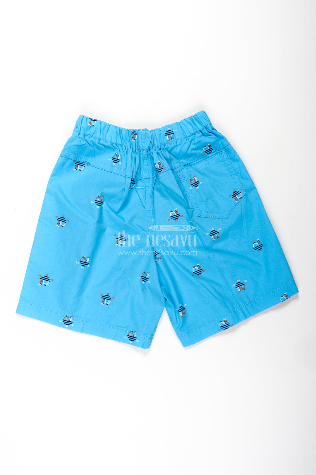 Boys Cotton light blue shorts with Mini Robot Print and Soft Fit for Casual Everyday Style