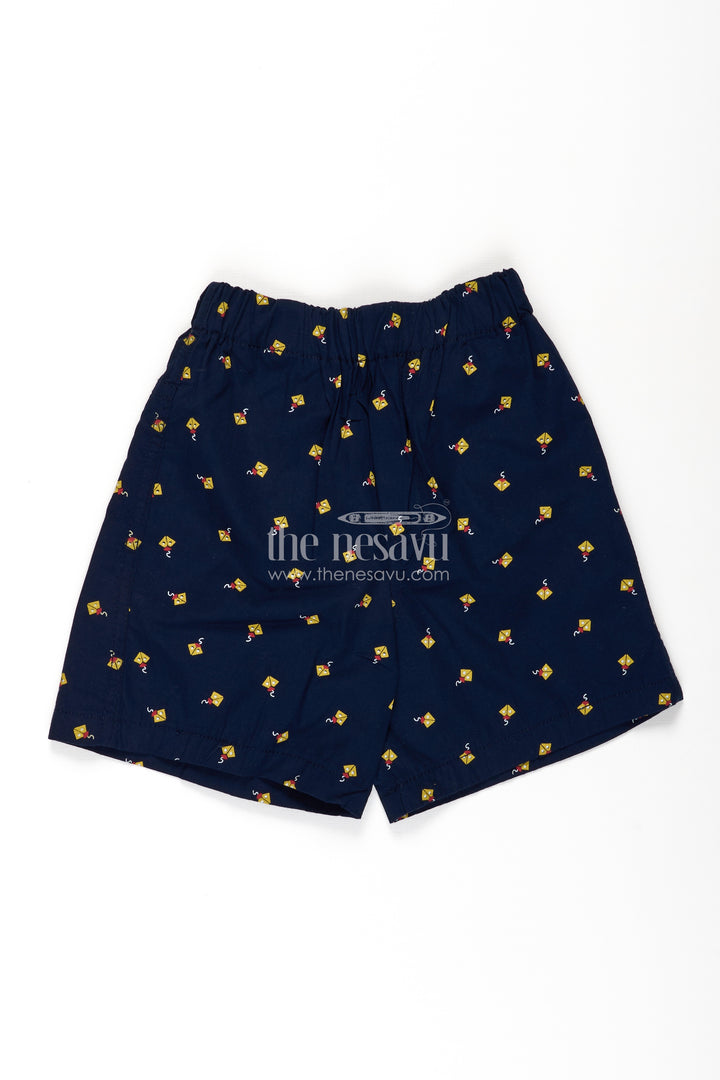 Boys Navy Blue best shorts in Cotton with Yellow Kite Print and Comfy Soft Fit Waistband