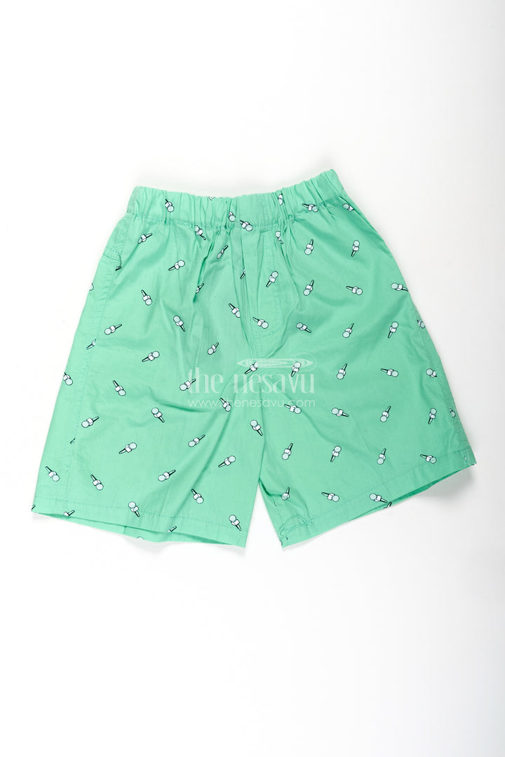 Boys Green Cotton trouser shorts with Microphone Motif Digital Print and Flexible Waist Fit