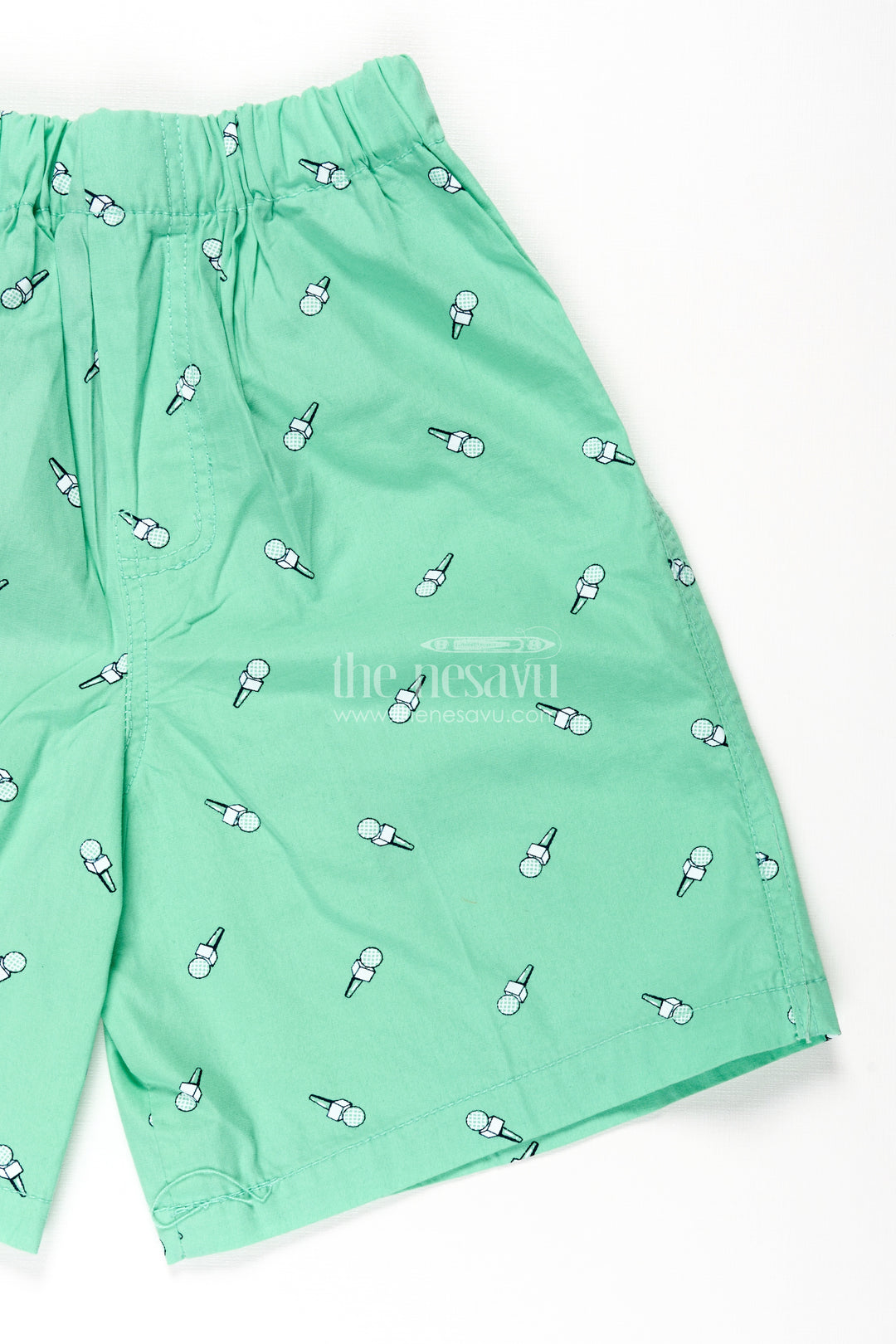 Boys Green Cotton trouser shorts with Microphone Motif Digital Print and Flexible Waist Fit