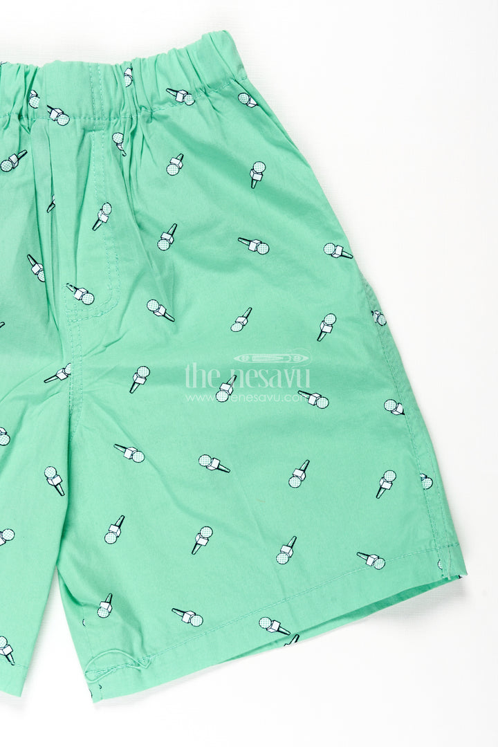 Boys Green Cotton trouser shorts with Microphone Motif Digital Print and Flexible Waist Fit