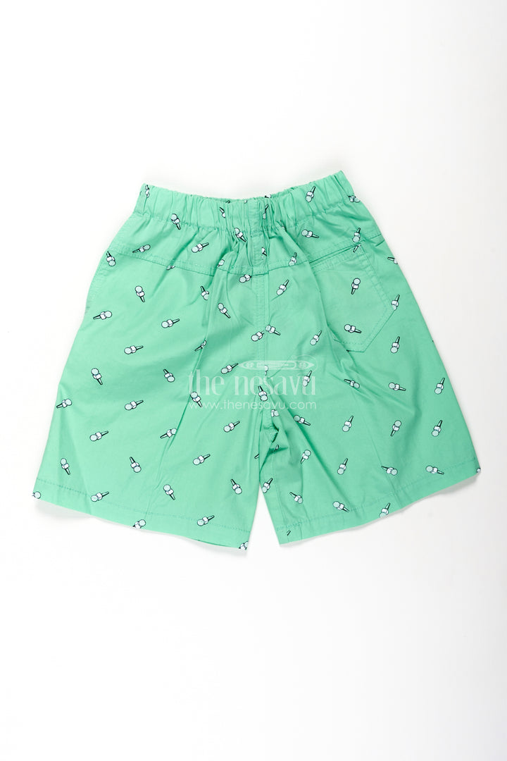 Boys Green Cotton trouser shorts with Microphone Motif Digital Print and Flexible Waist Fit
