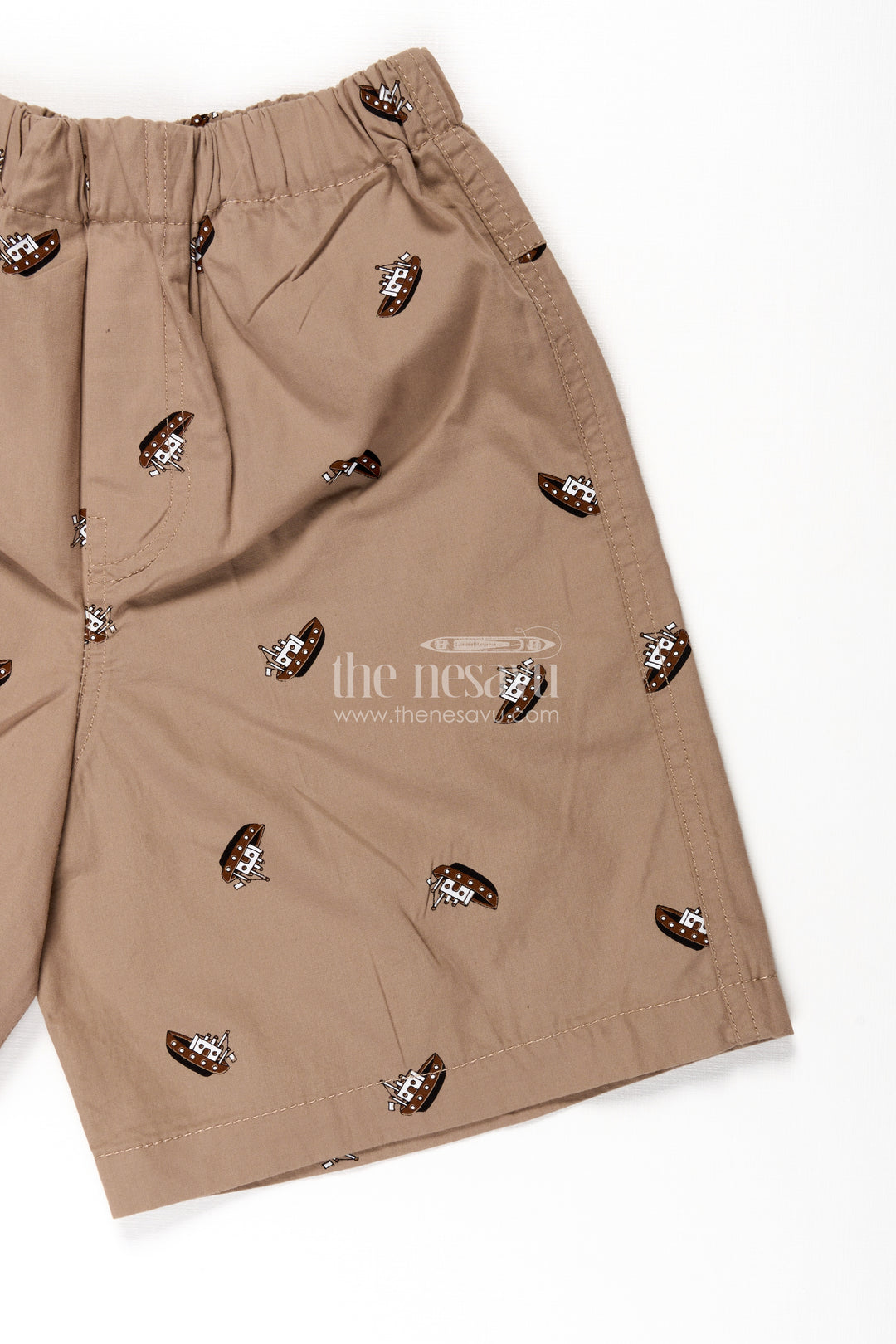 Boys Cotton brown shorts with Pirate Ship Digital Print and Soft Elastic Waistband for Daily Comfort