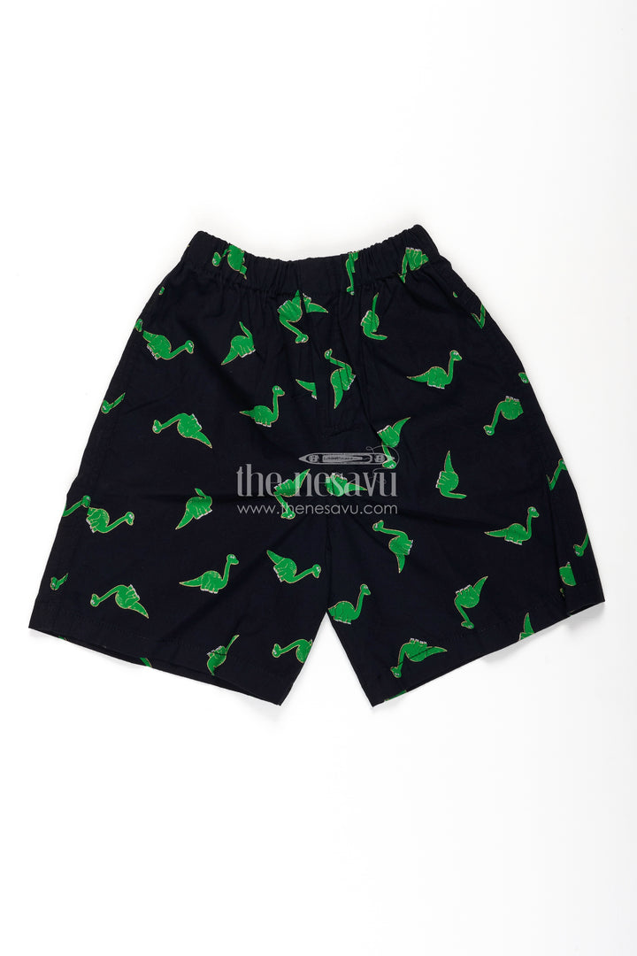 Boys Black Cotton drawstring shorts with Bright Green Dinosaur Print and All Over Comfort Design