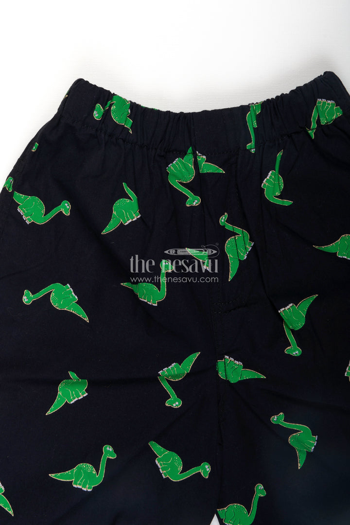 Boys Black Cotton drawstring shorts with Bright Green Dinosaur Print and All Over Comfort Design