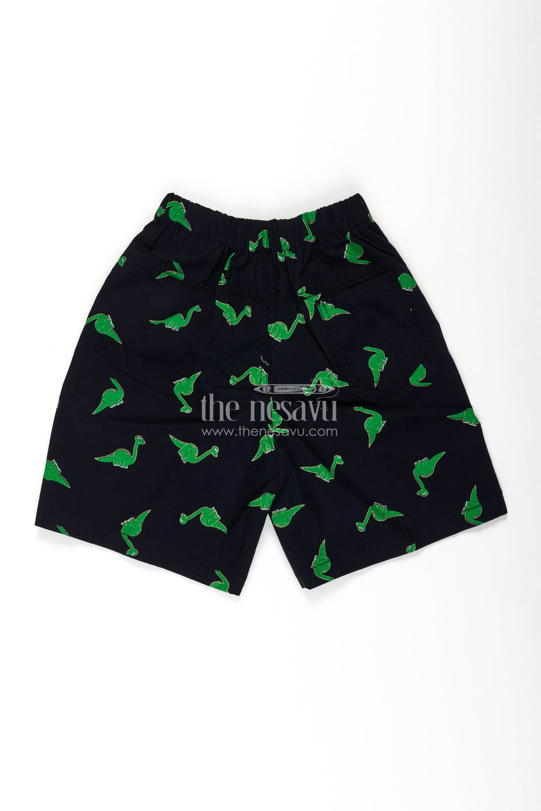 Boys Black Cotton drawstring shorts with Bright Green Dinosaur Print and All Over Comfort Design