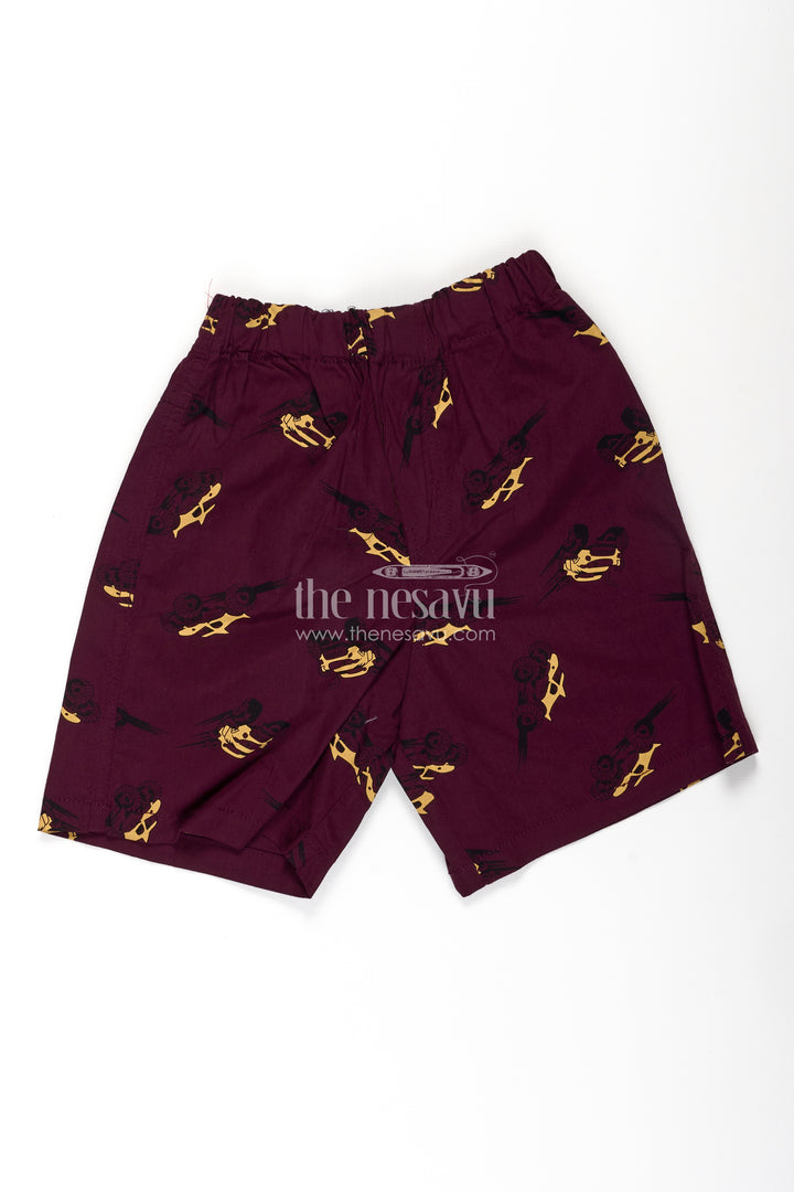 Boys Maroon Cotton sweat shorts with Racing Car Digital Print and Flexible All Day Comfort Waist