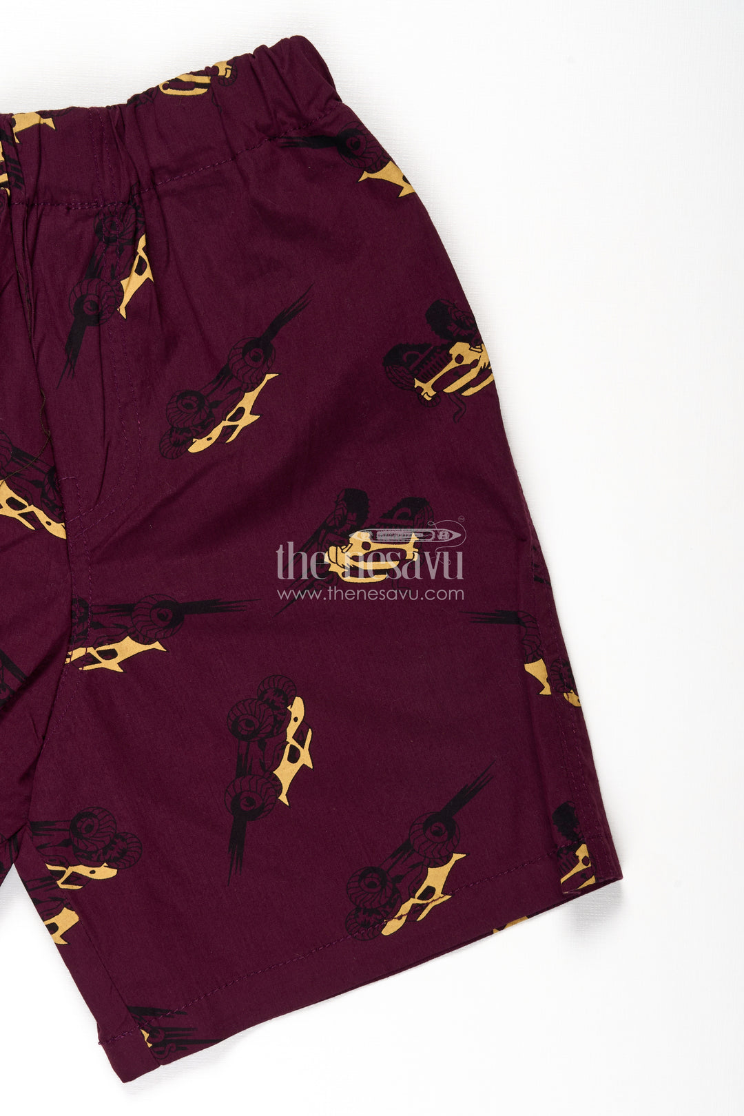 Boys Maroon Cotton sweat shorts with Racing Car Digital Print and Flexible All Day Comfort Waist