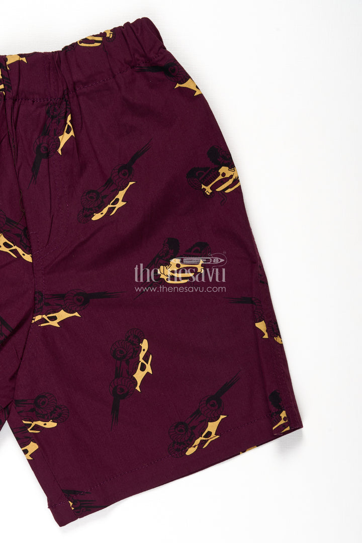 Boys Maroon Cotton sweat shorts with Racing Car Digital Print and Flexible All Day Comfort Waist